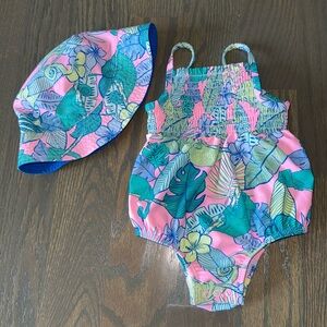 Carter’s Tropical Iguana Print Smocked One-Piece Swimsuit & Bucket Hat Set | 18M